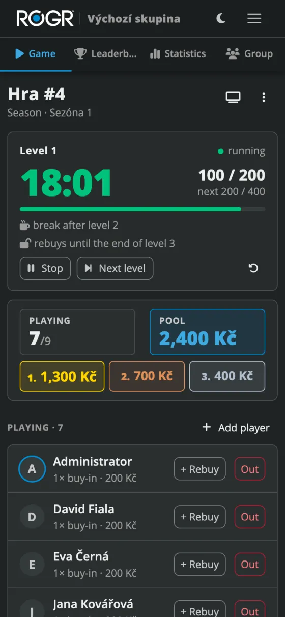 The game page with the clock and the payouts