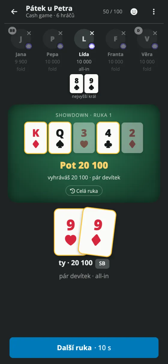 Poker online: showdown se zvýrazněnou vítěznou kombinací