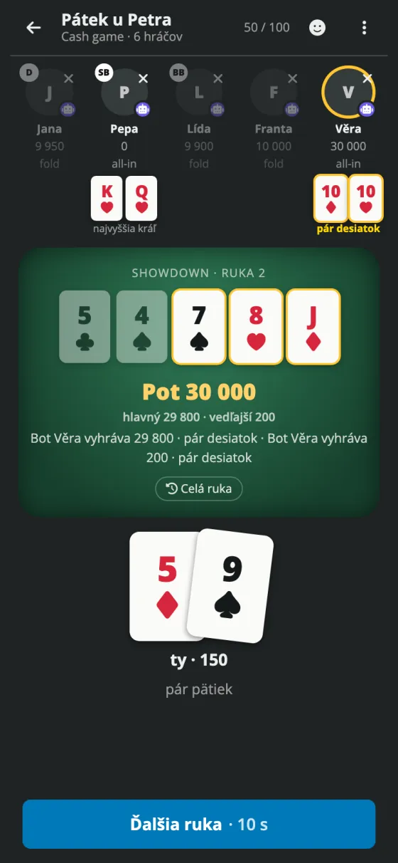 Poker online: showdown so zvýraznenou víťaznou kombináciou