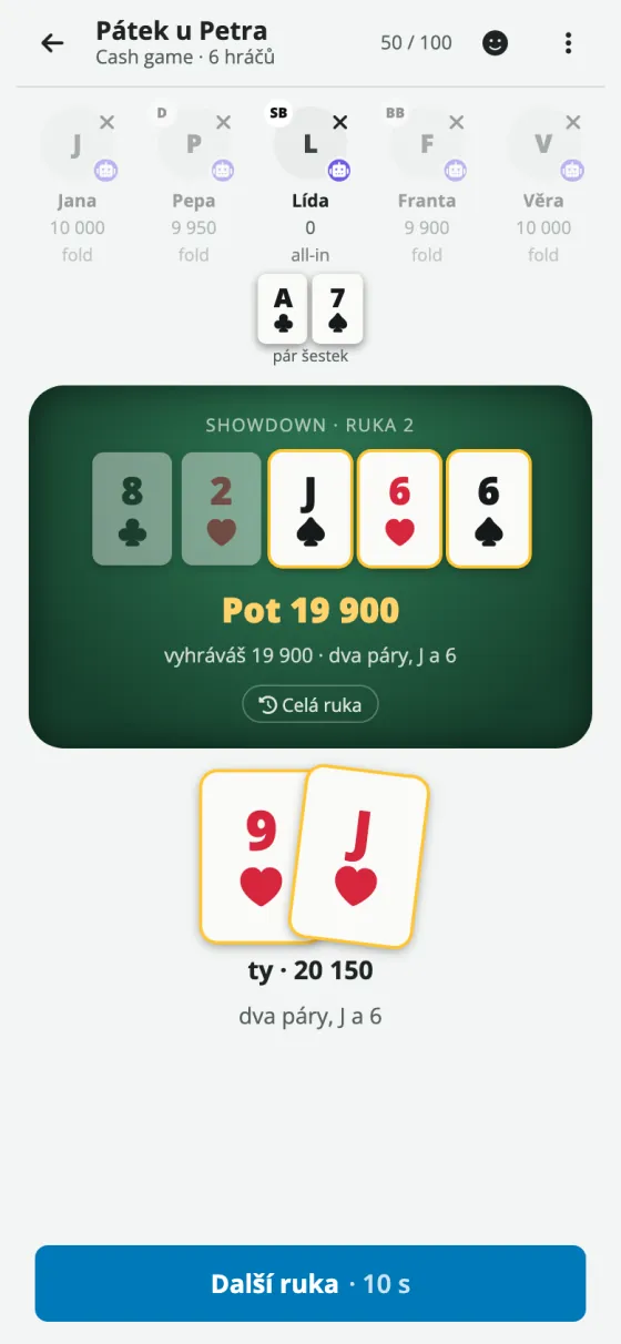 Poker online: showdown se zvýrazněnou vítěznou kombinací